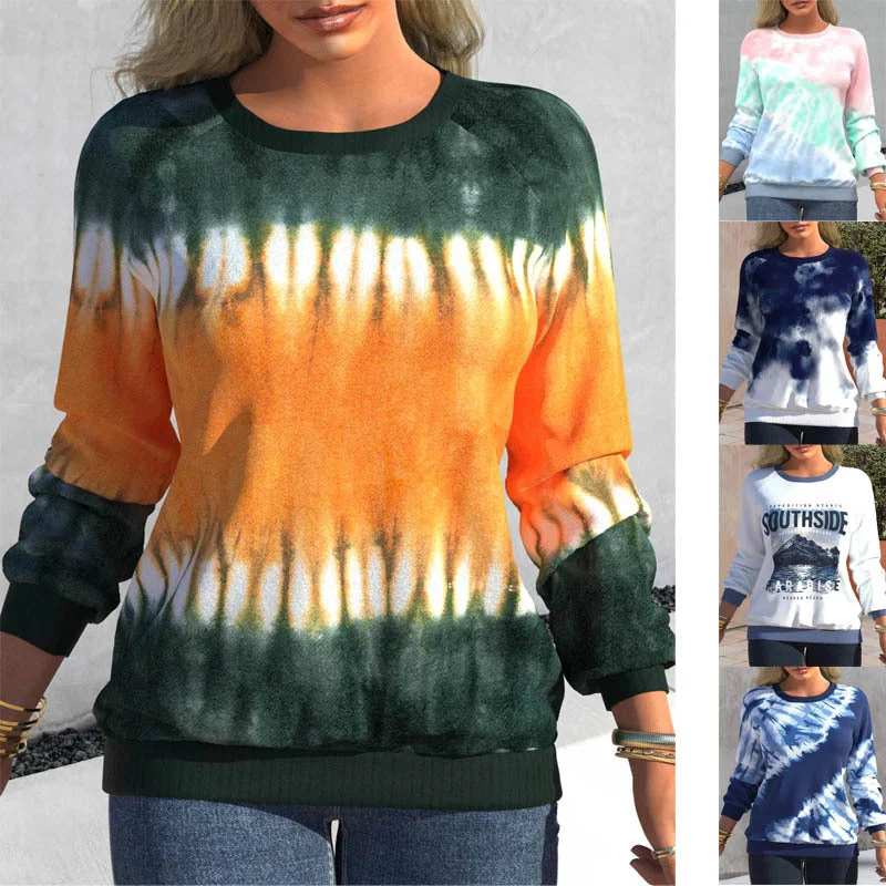 Uveng Autumn Tie-dyed Printed Round Neck Raglan Long Sleeve Sweaters