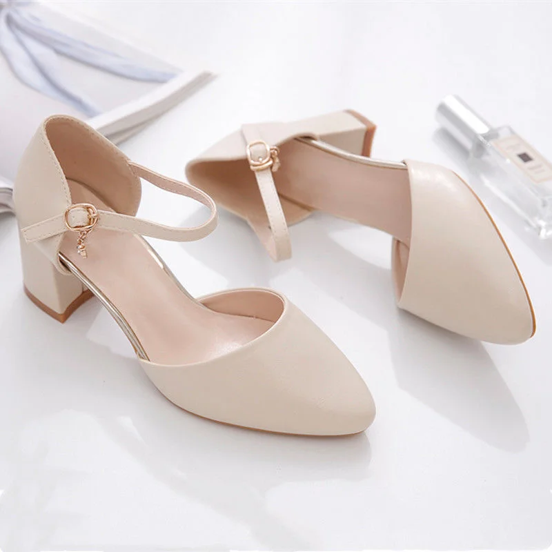Single Shoes Woman Mid Heels Women Pumps Ankle Strap Buckle Block Heel Footware for Office Lady Beige Apricot