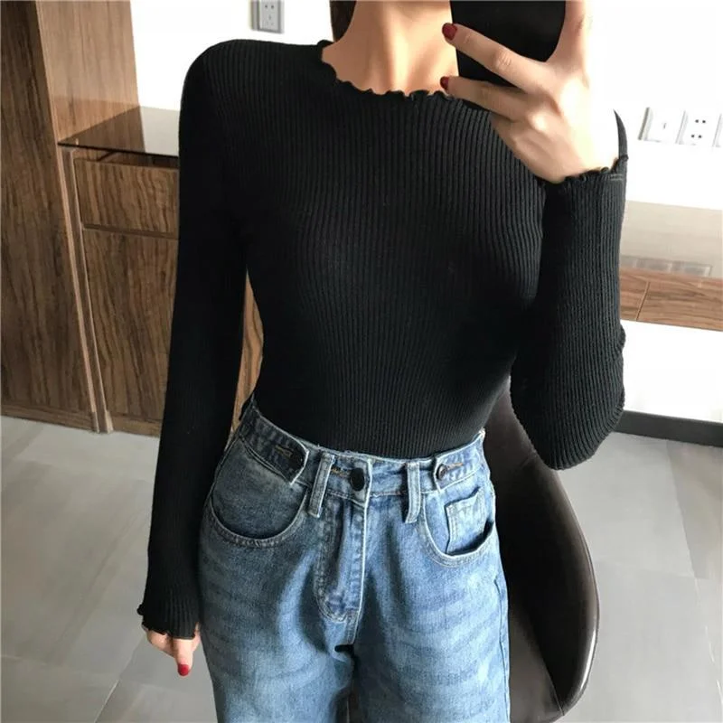 O Neck Ruched Women Sweater High Elastic Solid 2021 Fall Winter Fashion Sweater Women Slim Sexy Knitted Pullovers Pull Femme 1020-2