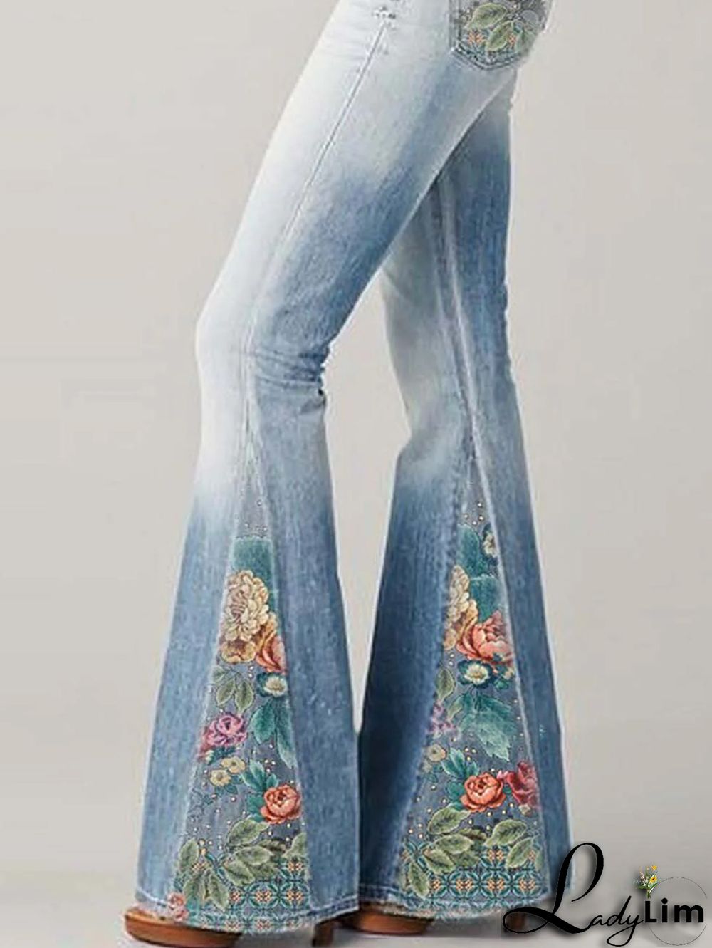 Denim Casual Floral Pattern Pocket Flare Leg Pants