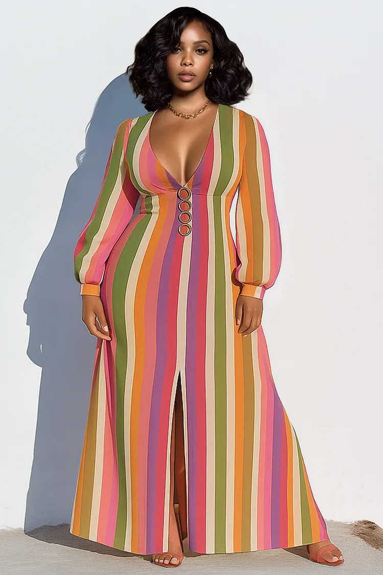 Colorblock Striped Bell Sleeve V Neck Maxi Dresses-Multicolor [Pre Order]