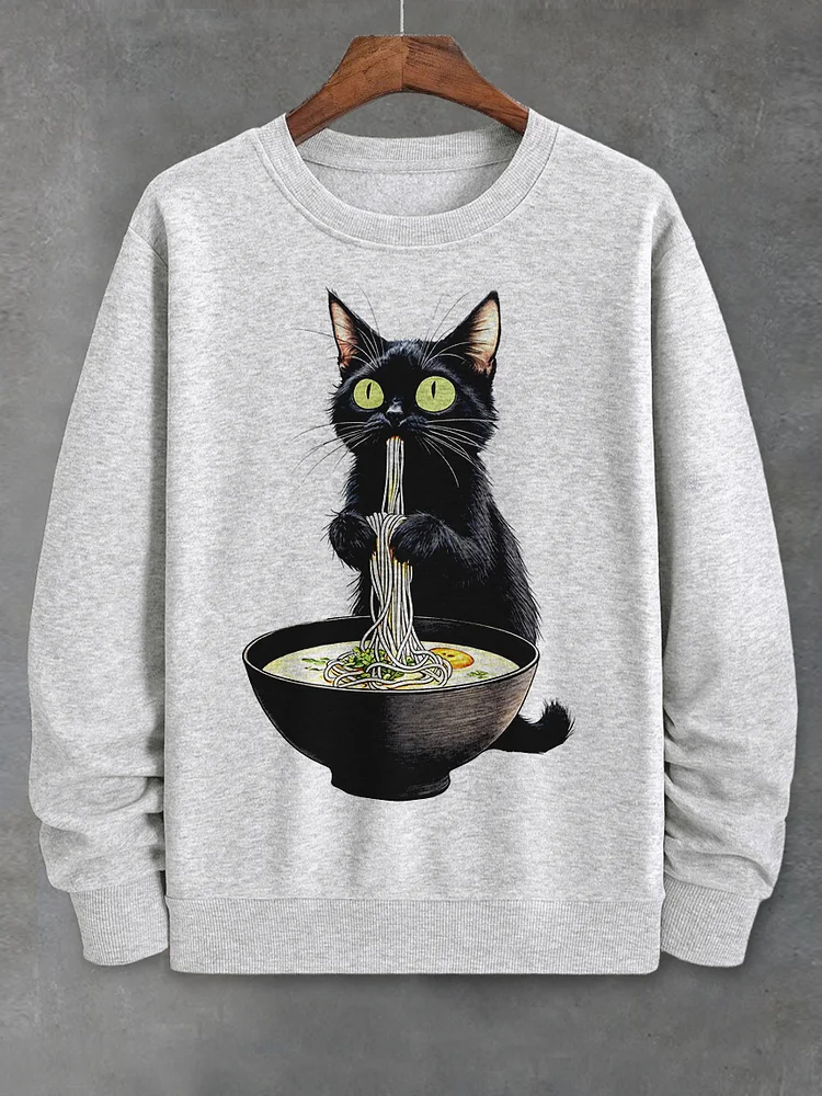 85% Cotton Men's Black Cat Eating Noodle Illustration Print Casual Sweatshirt