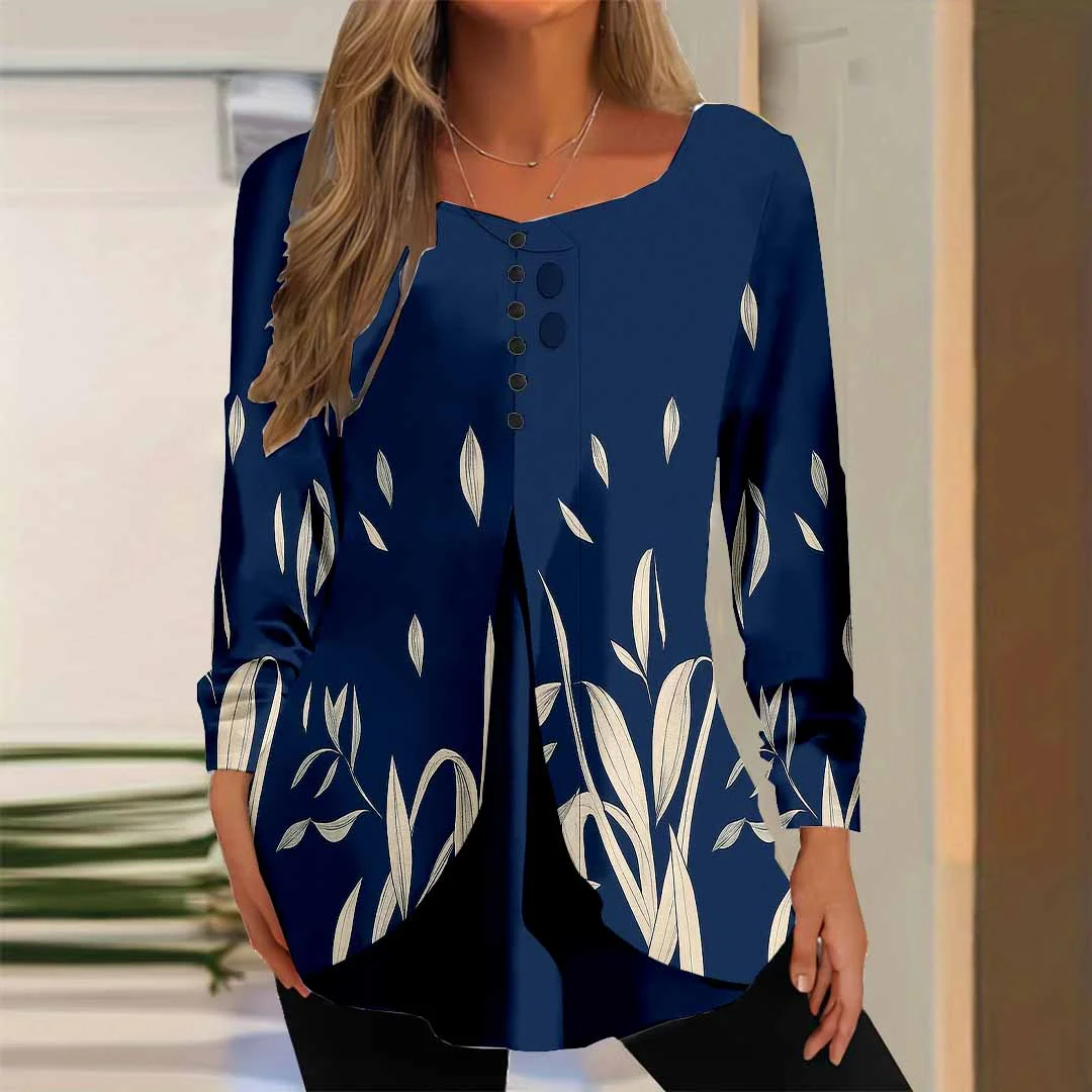 Women Floral,Blue DZGG8293 Long Sleeve Scoop Neck Printed Graphic Button Fake 2in1 Tops