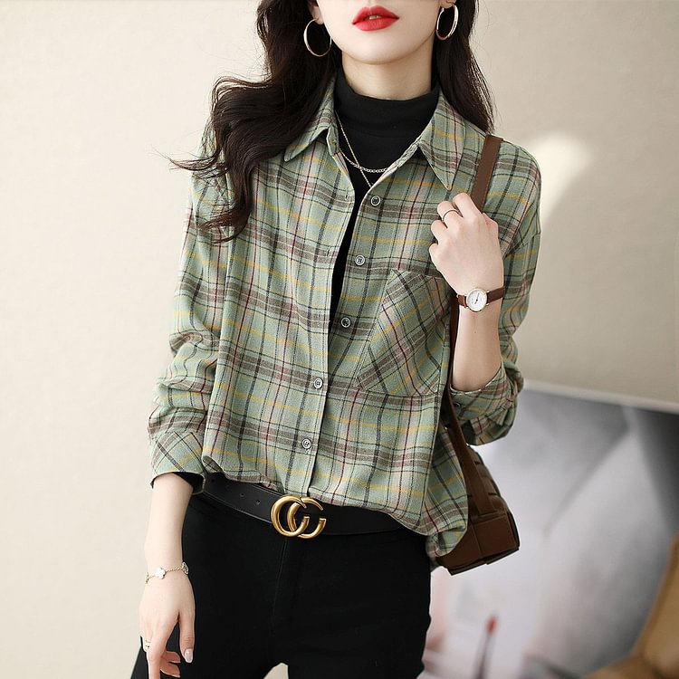 Green Checkered/plaid Shift Casual Shirts & Tops