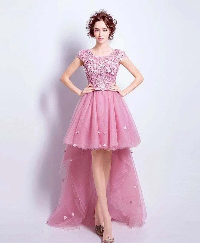 Pink Lace Tulle Long Prom Dress, High Low Evening Dress