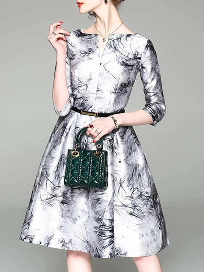 Satin-like Ink Print Umbrella Dress