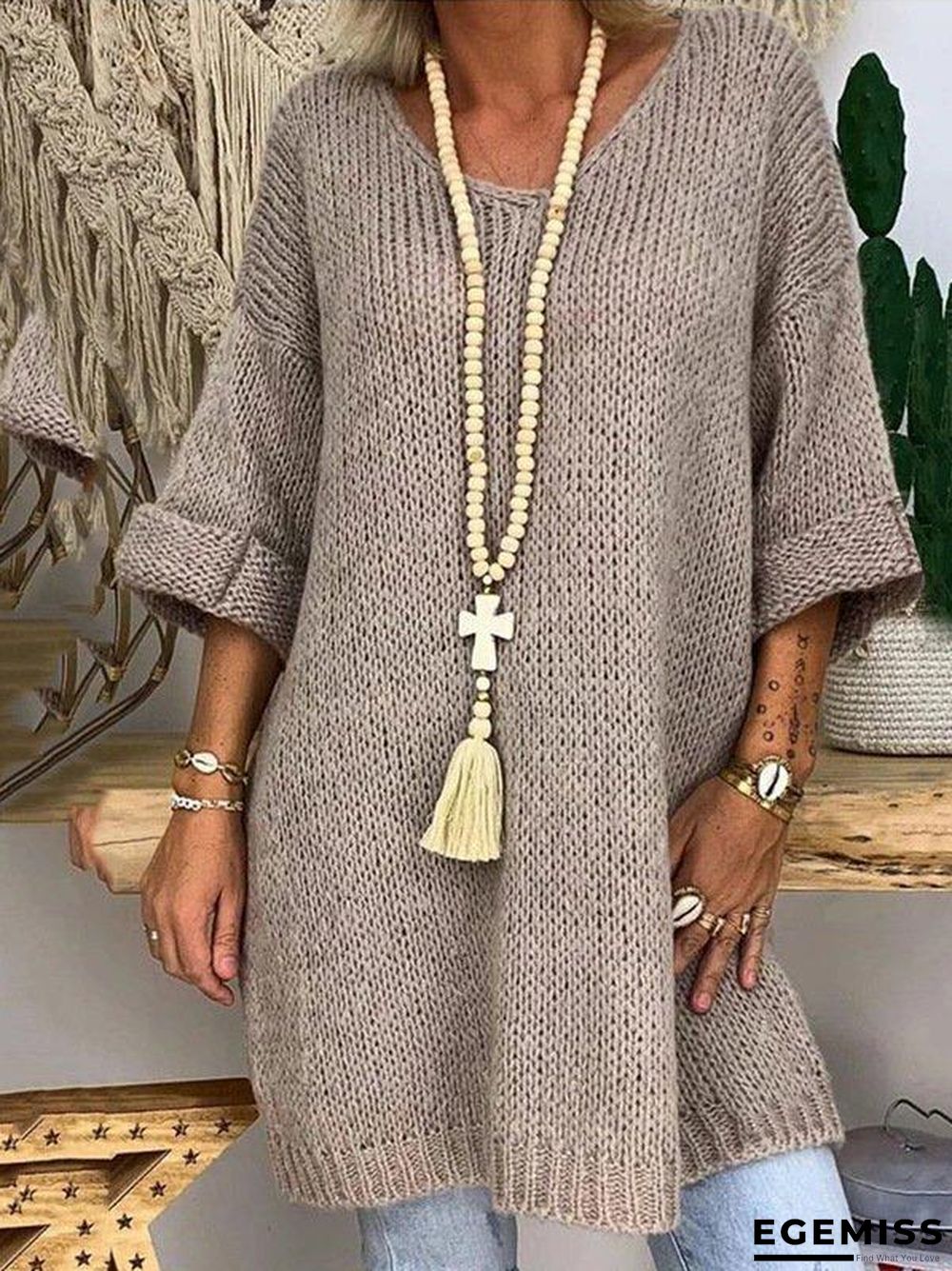 3/4 Sleeve Knitted Casual Sweater | EGEMISS