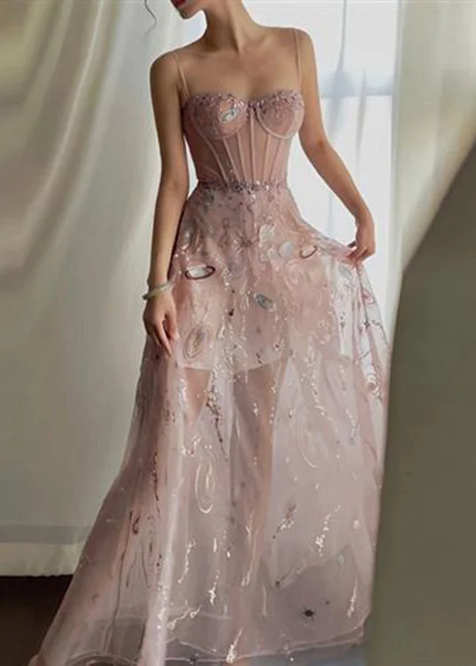 5.17Sexy Pink Embroideried Sequins Slim Fit Tulle Maxi Dresses Sleeveless