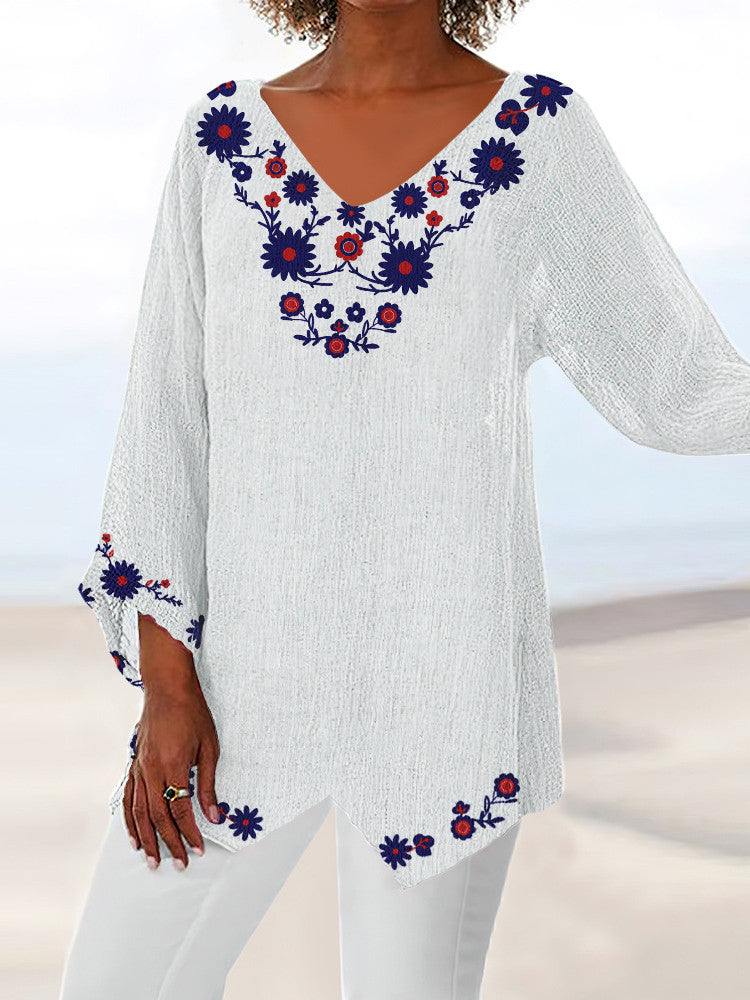 Women Long Sleeve V-neck Graphic Floral Printed Top