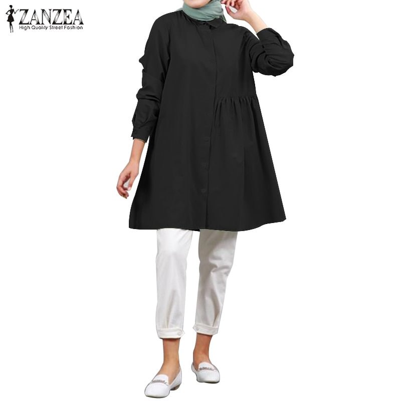 Fashion Spring Ruffle Blouse 2022 Fashion Muslim Tops ZANZEA Summer Casual Solid Long Sleeve Single-breasted Pullover Blusas