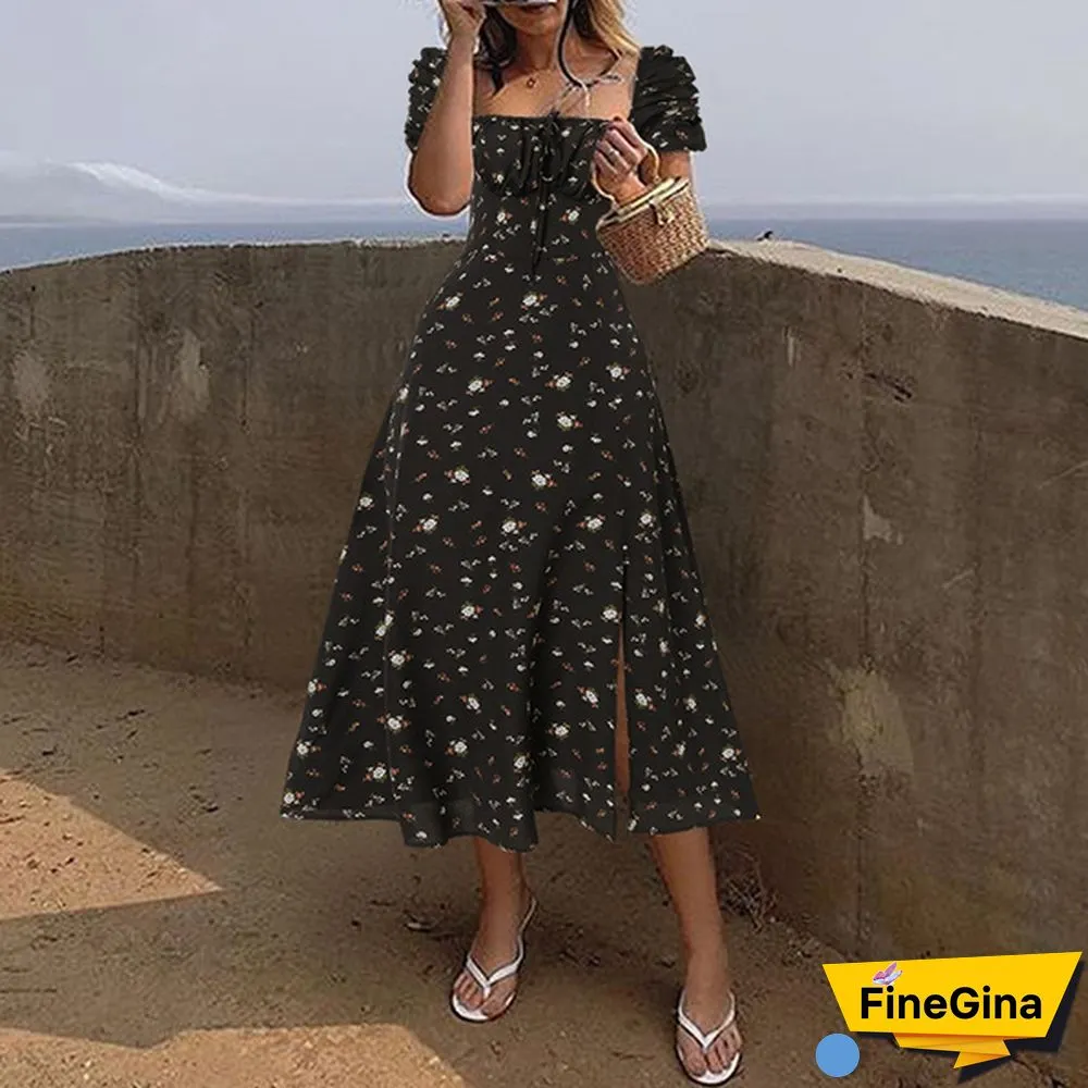 Women Summer Puff Short Sleeves Maxi Dress Floral Print Bohemian Square Collar Party Casual Long Dresses Plus Size