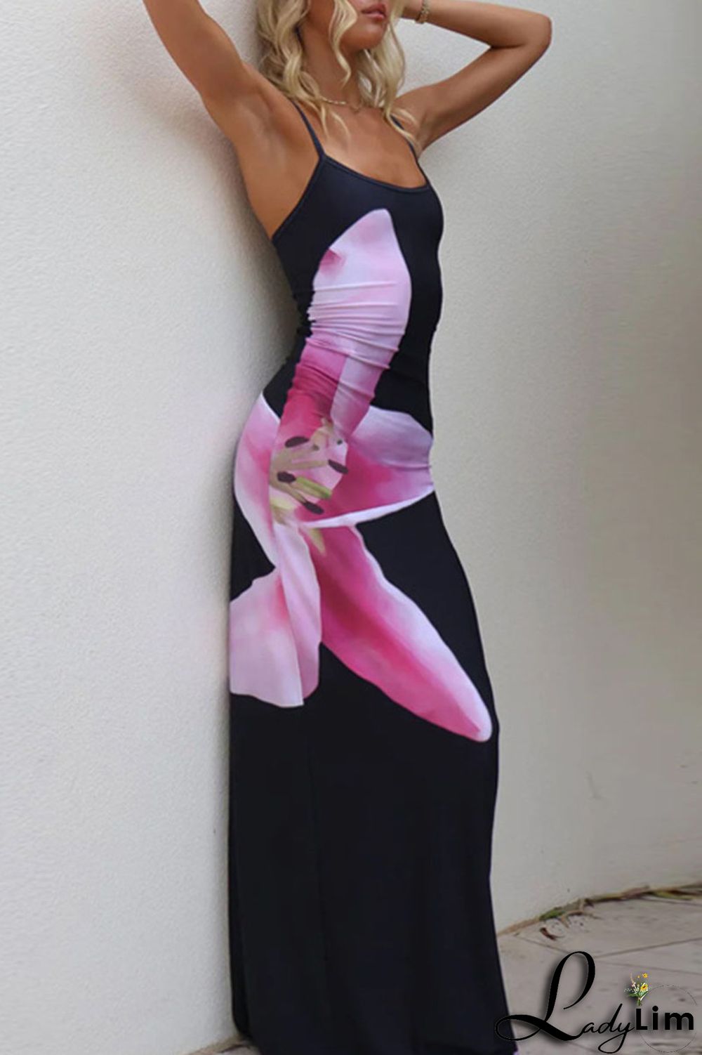 Pink Sexy Print Patchwork Spaghetti Strap One Step Skirt Dresses