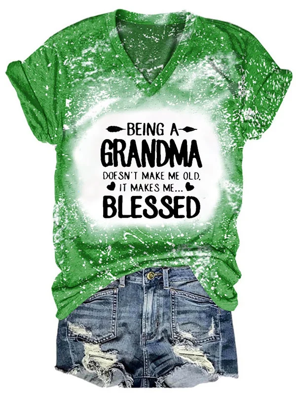 Short Sleeve V Neck Gradient Being A Grandma Letter Printed T-shirt