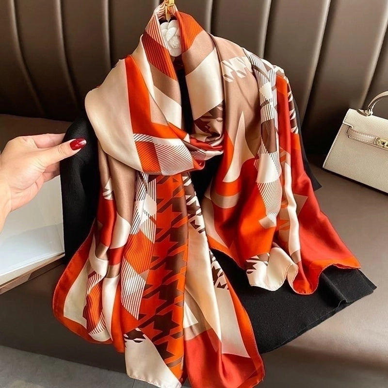 Women’s Fashion Letter Plaid Satin Printing Silk Scarves