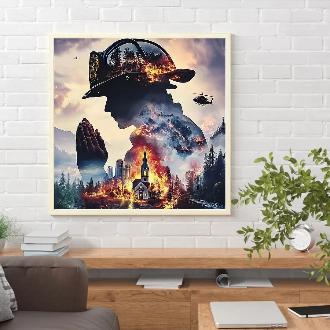 Firefighter Silhouette Full DIY 5D Round Drill Diamond Painting Kits for Adults/Beginners Gift Idea Home Decor Diamond Dots Paintings Picture Arts Craft 40x40cm
