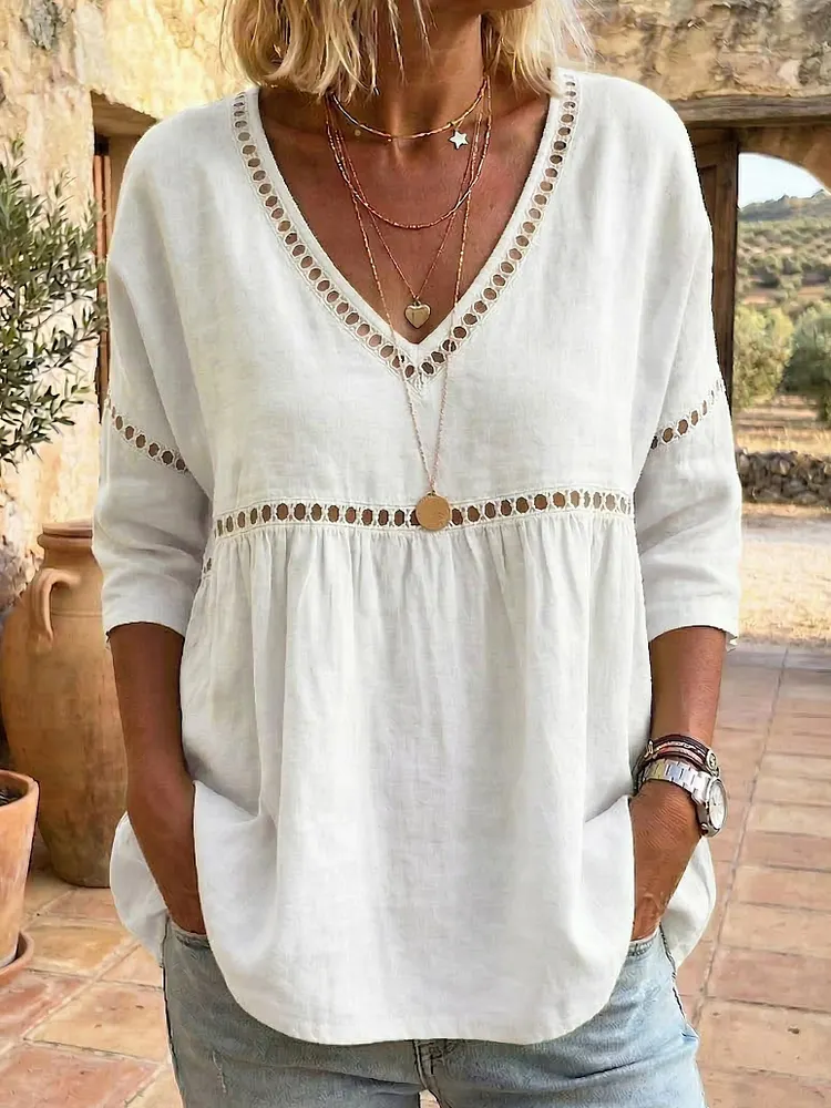 Cozy Hollow-out Patchwork V-neck Linen-cotton Blouse