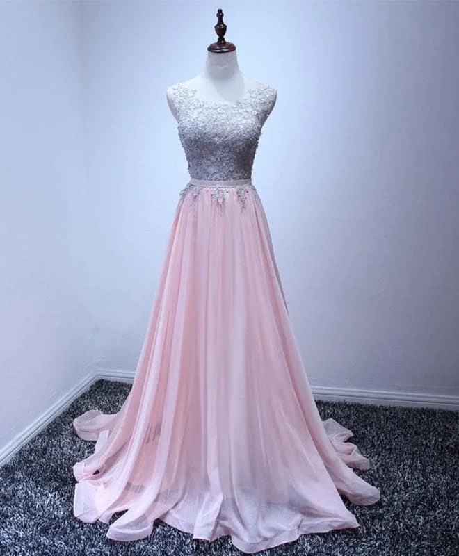 Pink Tulle Lace A Line Floor Length Prom Dress, Pink Evening Dress