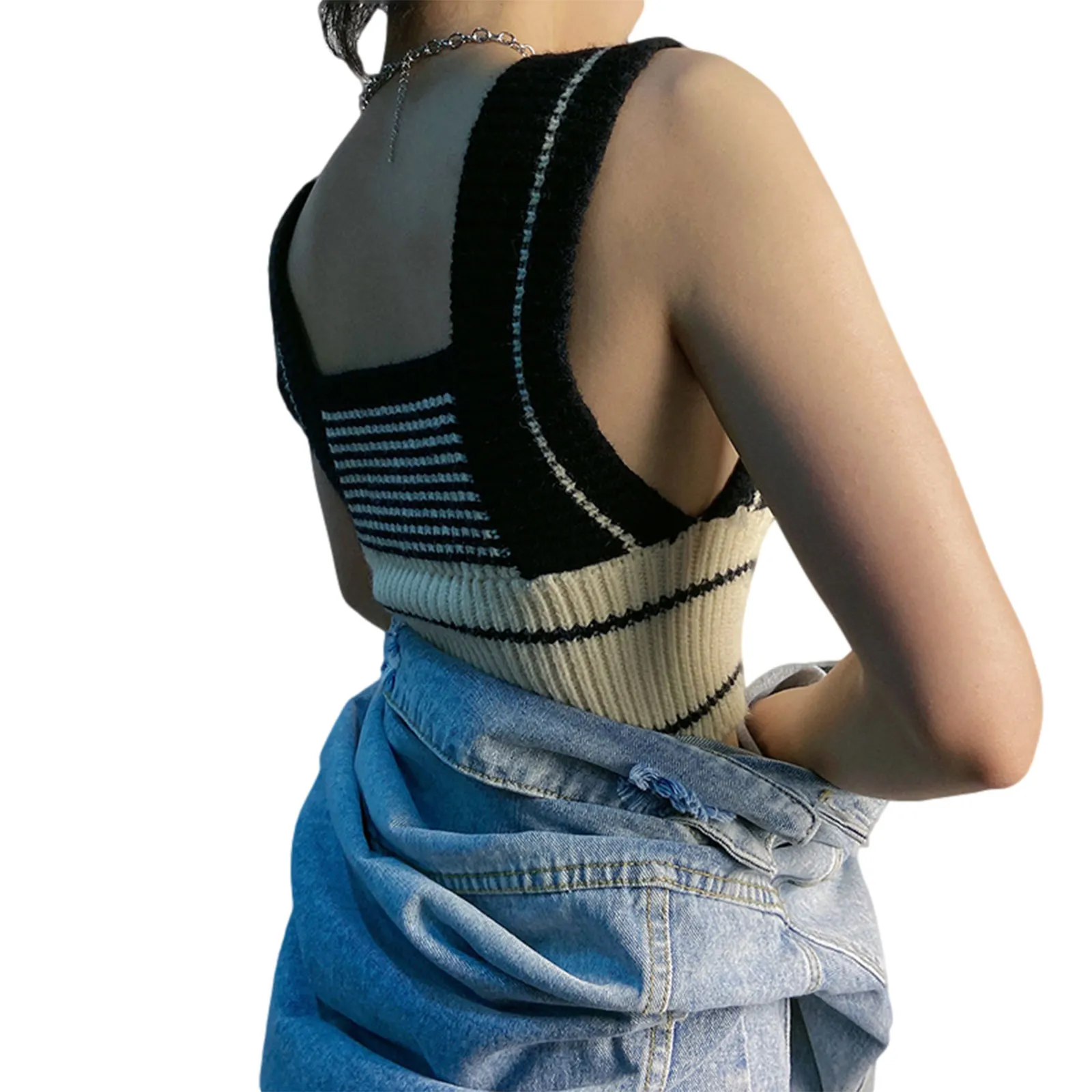Womens Autumn Fashion Knitted Vest Loose Patchwork Sweater Vintage Square Neck Sleeveless