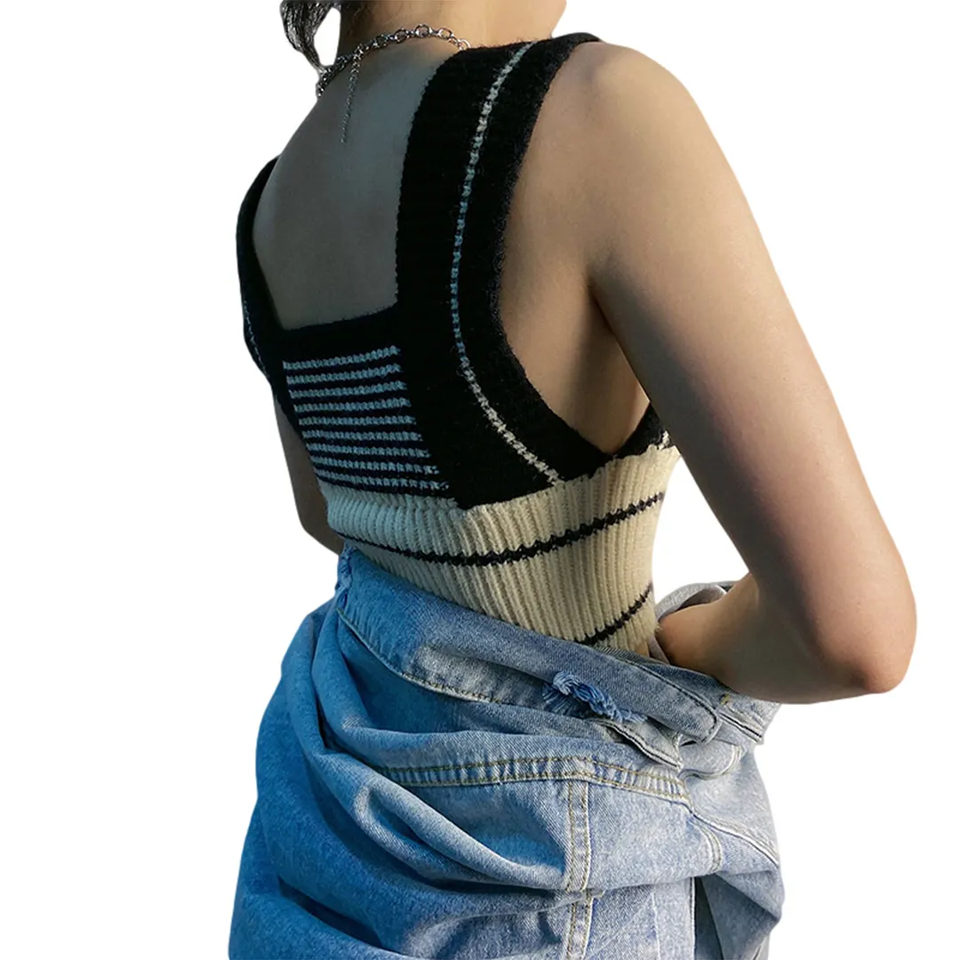 Womens Autumn Fashion Knitted Vest Loose Patchwork Sweater Vintage Square Neck Sleeveless