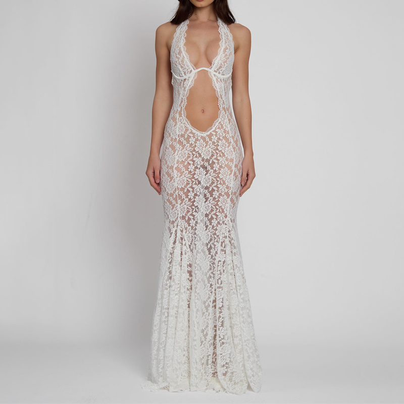  Hollow Out Lace Sexy Long Dress For Women See-Through Sleeveless Backless Fashion Printed Party Dress Summer Maxi Dress