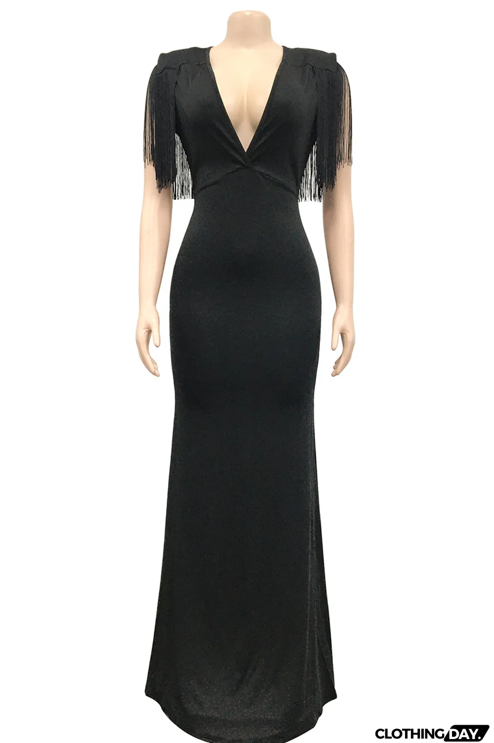Black Fashion Sexy Solid Tassel Patchwork V Neck Long Dress