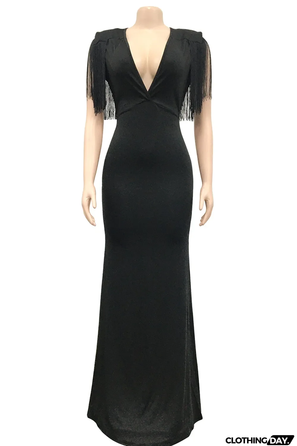 Black Fashion Sexy Solid Tassel Patchwork V Neck Long Dress
