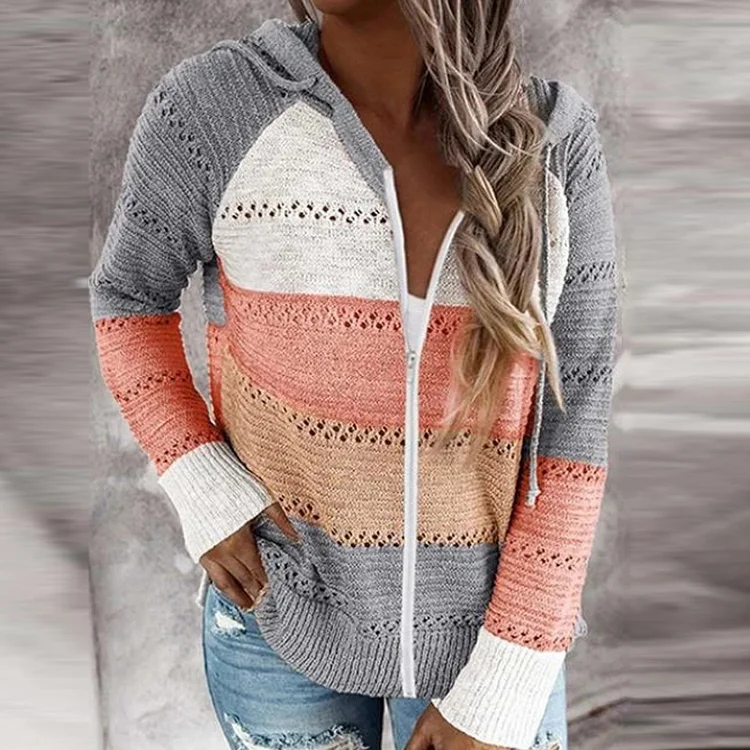 Casual Contrast Panel Striped Hooded Knit Sweater Cardigan