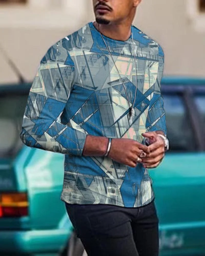 Men's Casual Long Sleeved Creative Blue Abstract Pattern T-shirt