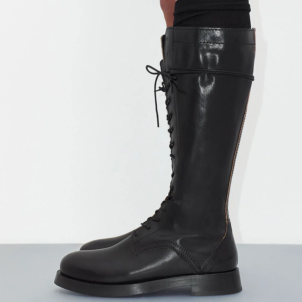 Women's Black Round Toe Block Low Heel Mid Calf Lace Up Boots with Zip