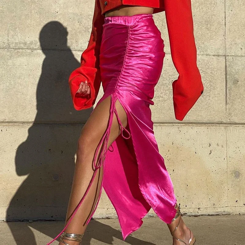 Woman Solid Sexy Skirts 2022 Summer High Waist Bandage Drawstrings Irregular Maxi Dress Ladies Streetwear Slit Skirts
