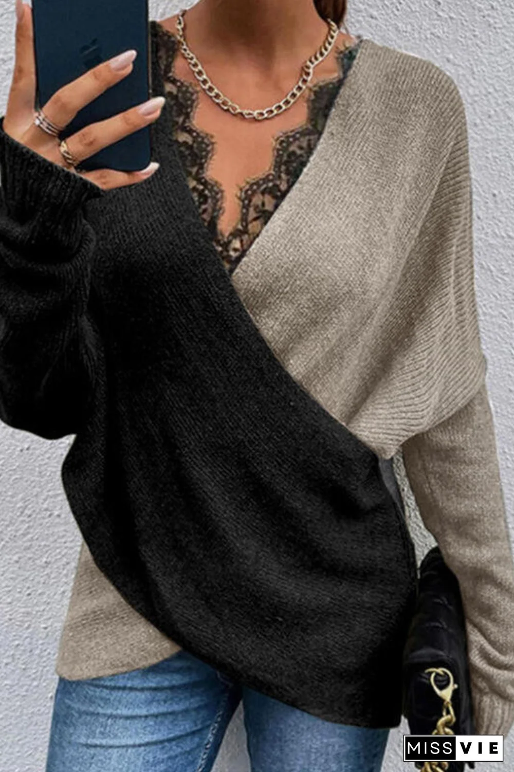 Casual Patchwork Lace Contrast V Neck Sweaters(3 colors)