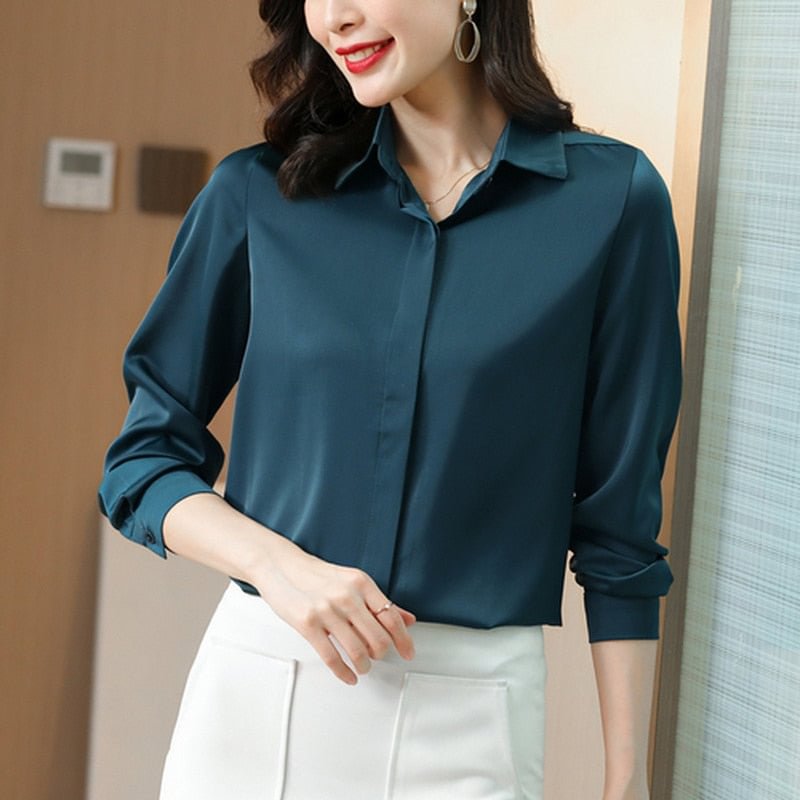 Plus Size Satin Blouse 2021 New Spring Silk Shirt Women Turn Down Collar Loose Office Lady Blouse Long Sleeve Clothes Tops 12793