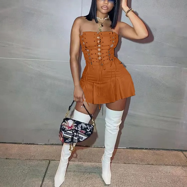 CM.YAYA Women Lace Up Strapless High Waist  Romper Playsuit 2022 Spring Summer Sexy Party Clubwear Bodycon One Piece Overalls