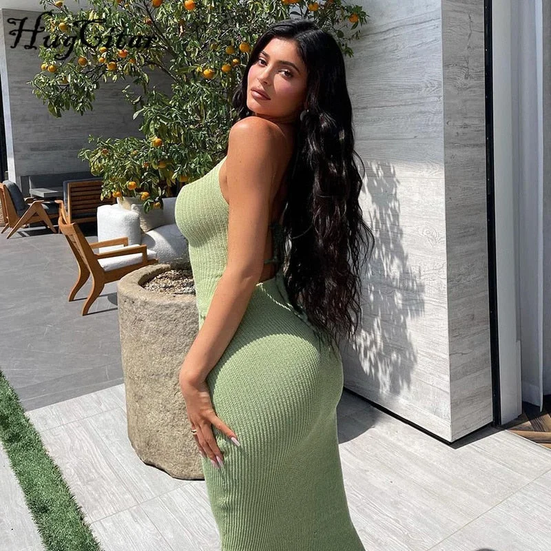 Hugcitar 2021 Solid Sleeveless Backless Top Maxi Dress 2 Pieces Set Fall Winter Women Fashion Streetwear Outfits Y2K Sexy