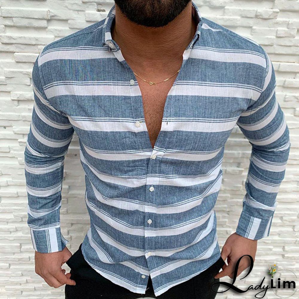 Blue Casual Striped Print Split Joint Buckle Turndown Collar Tops