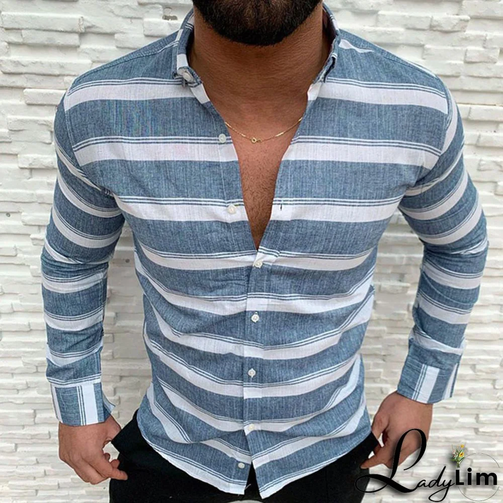 Blue Casual Striped Print Split Joint Buckle Turndown Collar Tops