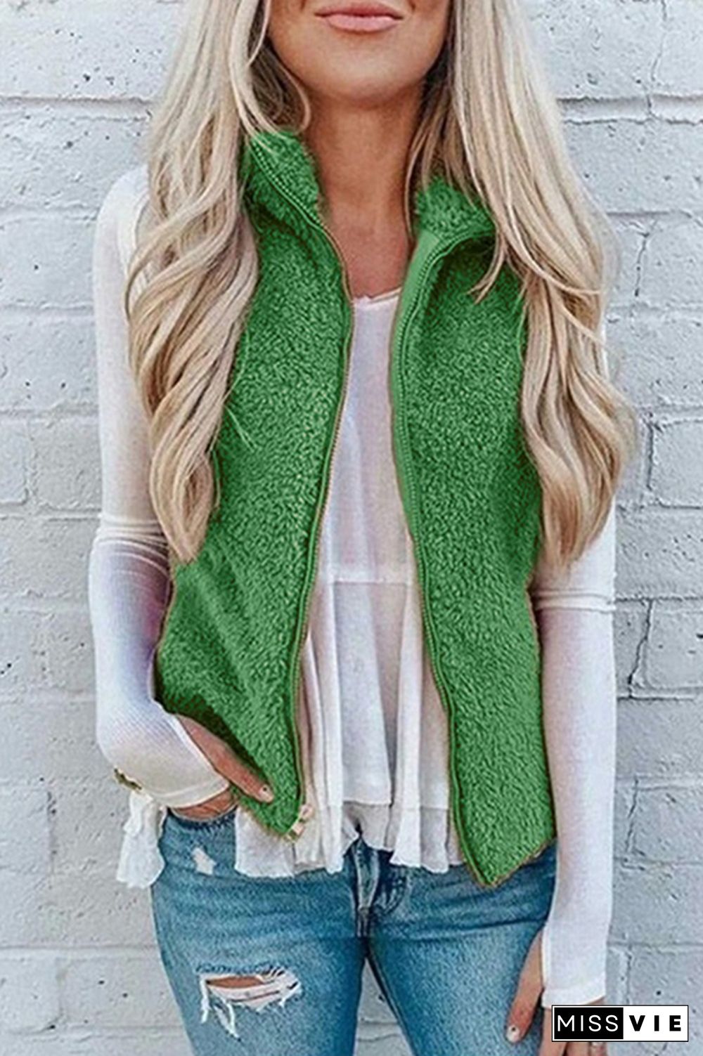 Fashion Solid Pocket Zipper Mandarin Collar Tops