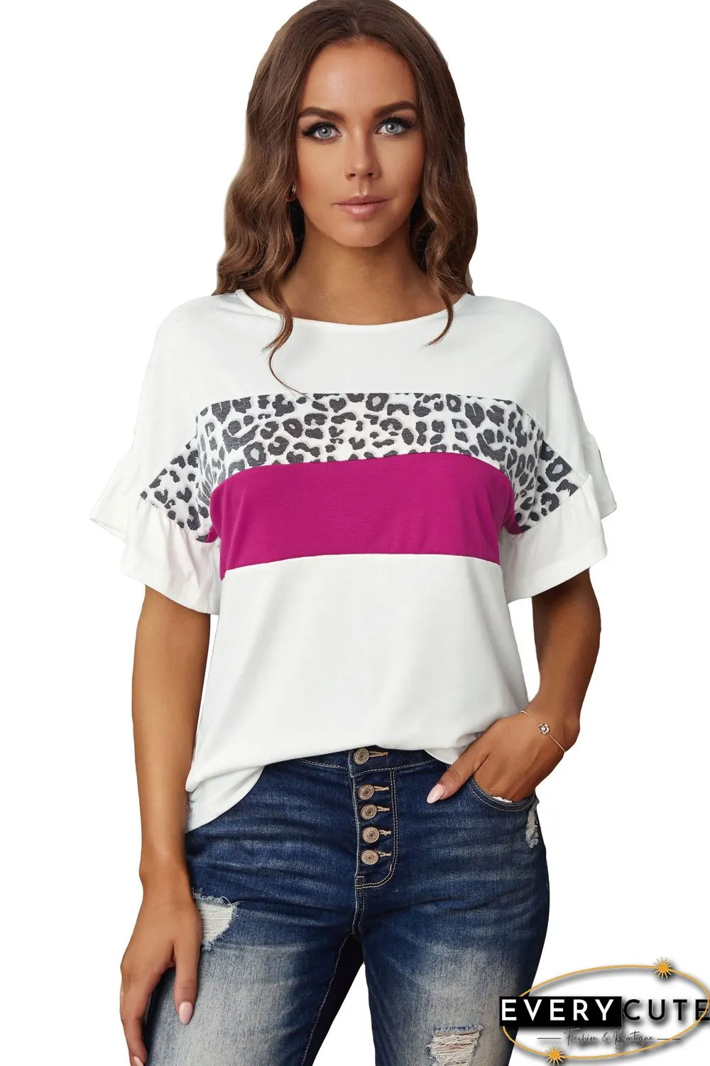 White Leopard Color Block Short Sleeve Tee