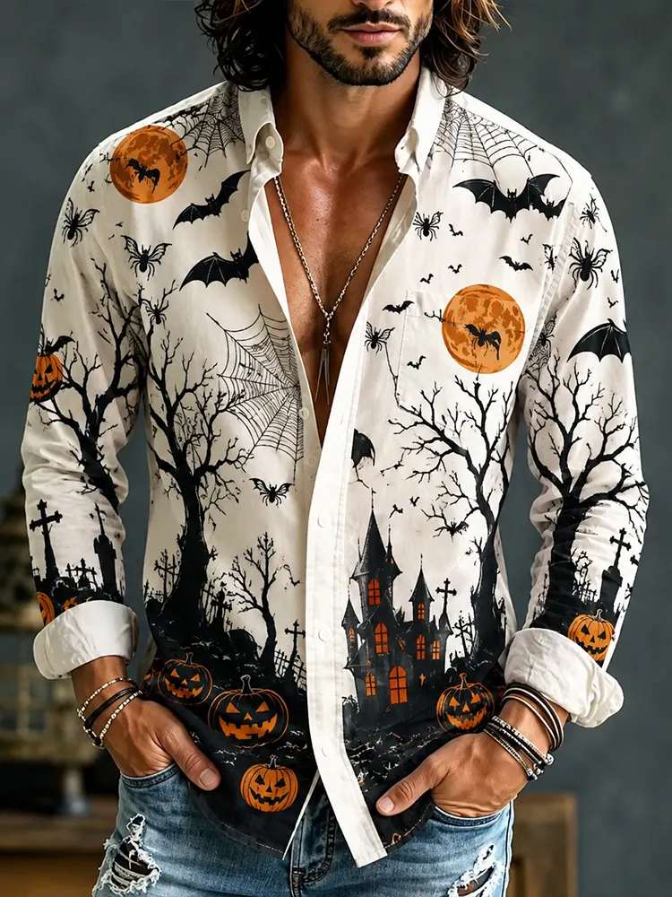Men's Long Sleeve Lapel Casual Shirt In Off-white With Halloween Haunted Castle, Bats, And Pumpkin Print