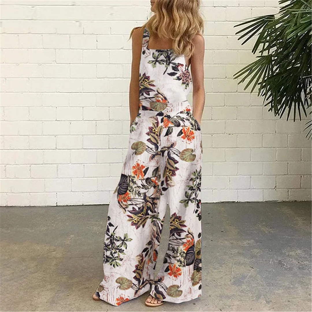 Fashion Bodysuit Women Sleeveless Overalls Jumpsuit Casual Floral Print Summer Wide Leg Bib Sexy Playsuit Боди Женское