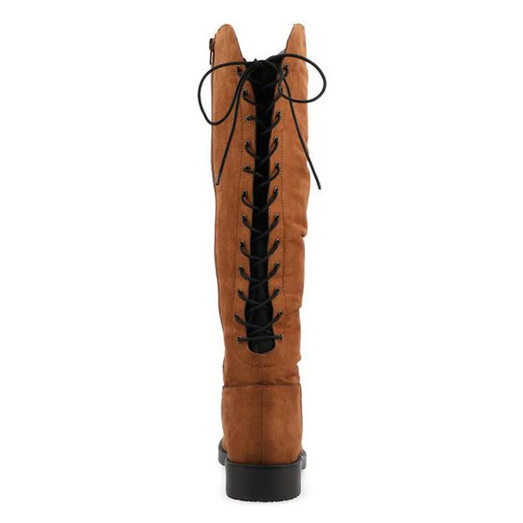 Faux Suede Round Toe Side-Zip Lace-Up Knee-High Boots in Brown