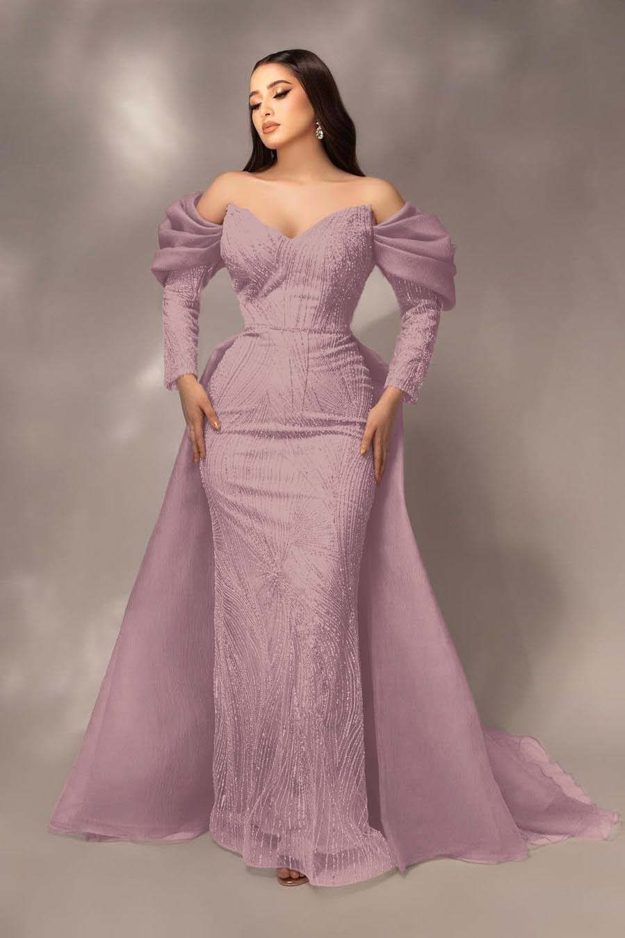 Daisda Glamorous Sequins Off the Shoulder Long Sleeves Mermaid Prom Dress with Pleated