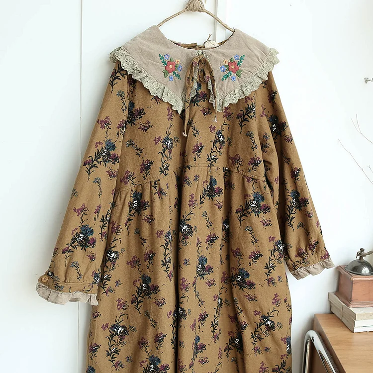 Queenfunky cottagecore style Cute Oversized Fit Embroidered Collar Dress QueenFunky