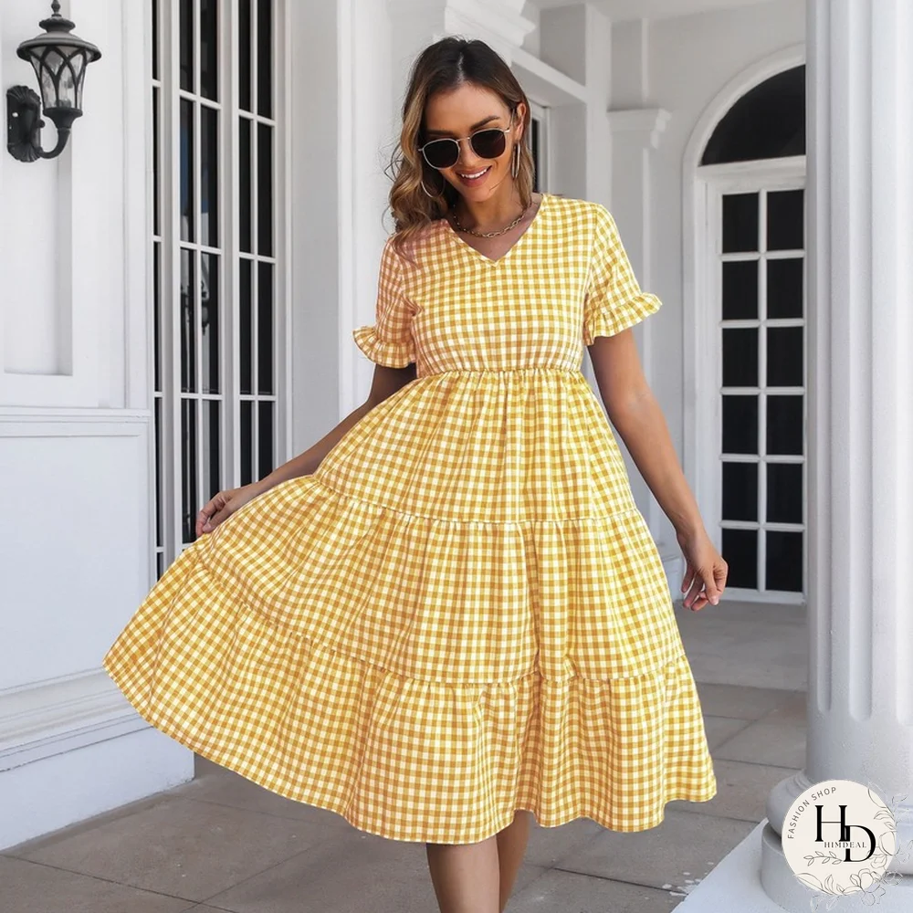 Elegant Fashion Plaid Short Sleeve Dress For Women Dresses New Ruffled V-Neck High Waist Swing A-line Midi Dress