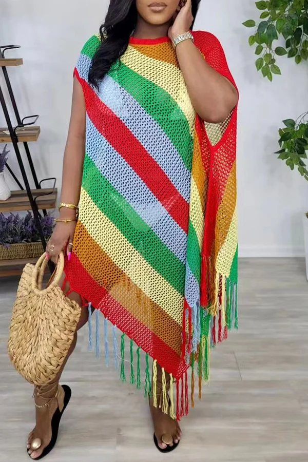 Knitted Colorful Striped Fringed Beach Midi Dress