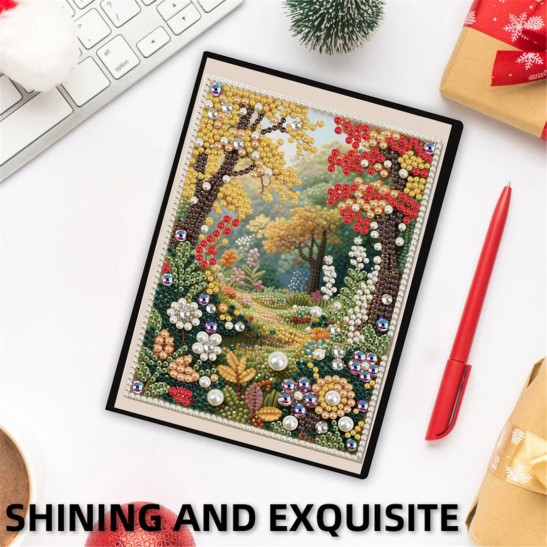 Autumn Forest Partial Pearl DIY 50 Pages A5 Diamond Painting Notebook Special Shaped Diamond Art Diary Book Kits Wireless Strip 5D Crystal Art Paintings Sketchbook for Art Drawing