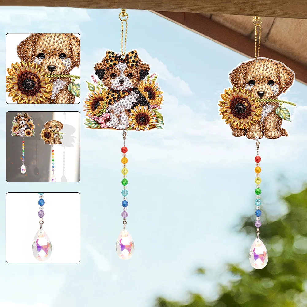 2Pcs 5D DIY Diamond Painting Sun Catcher Crystal Painting Ornaments (Puppy)