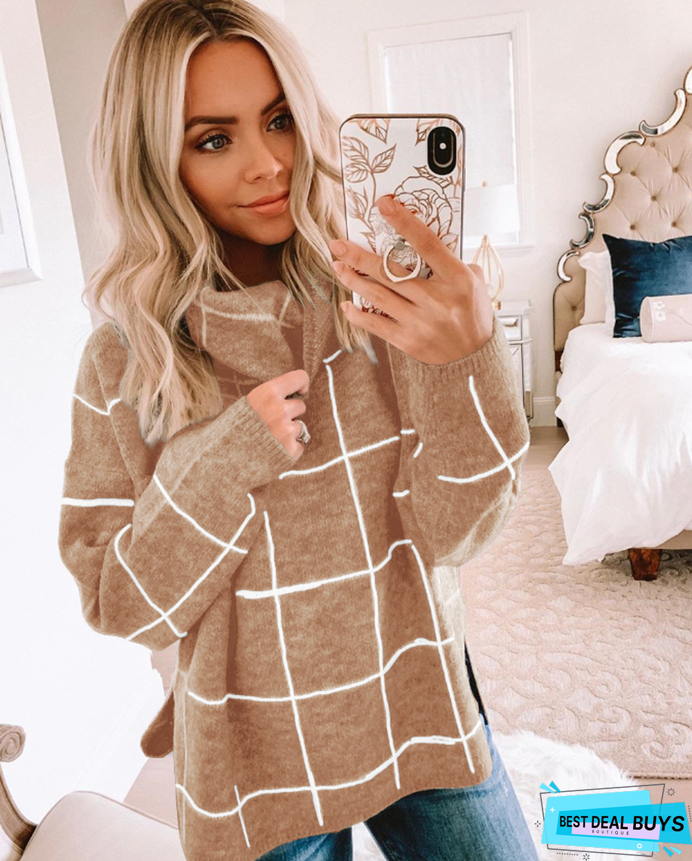 Plaid Sweater Pullover Turtleneck Pullover Checked Sweater