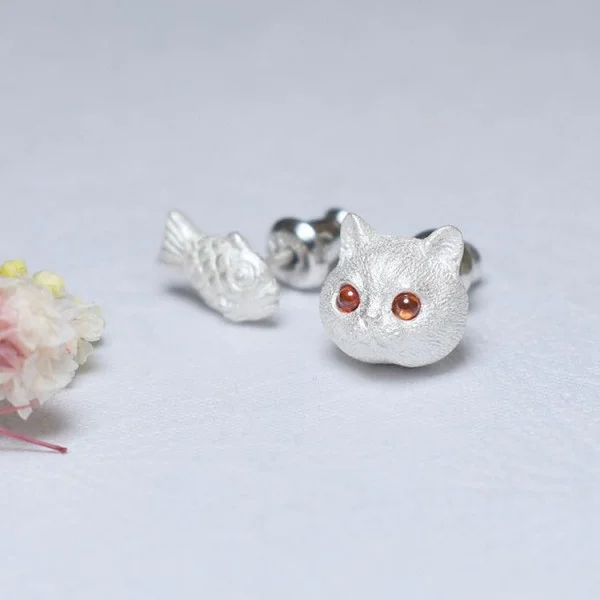 Sterling Silver Cute Cat and Fish Earrings