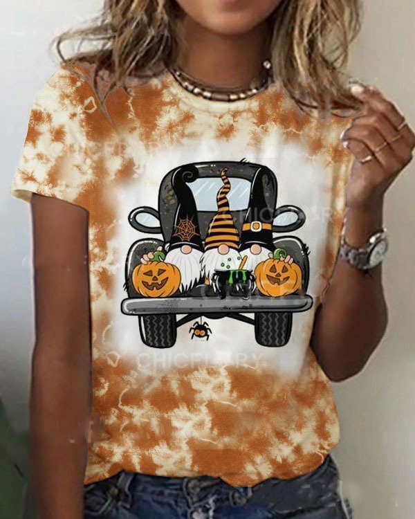 Women's Halloween Truck Gnomes Tie Dye Print T-Shirt